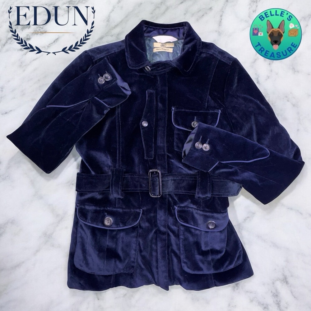 Edun Griffin Womens Small Alchemy Blue Velvet Full Zip Jacket Belted Coat Luxury